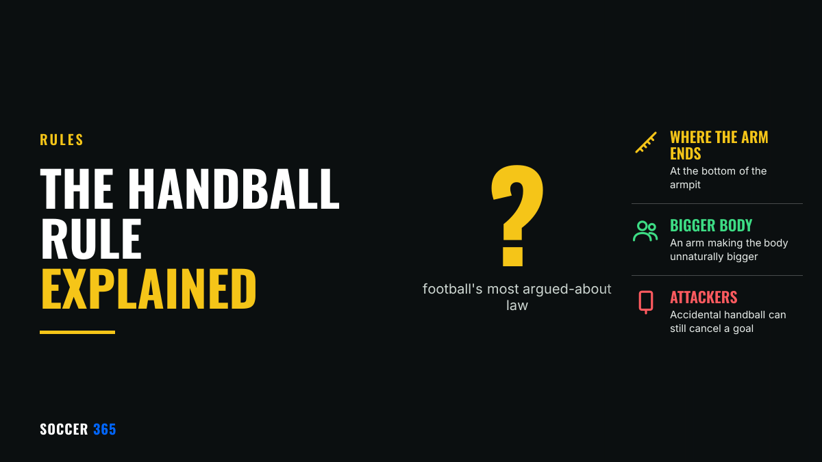 A large question mark beside the title The Handball Rule Explained and three key points