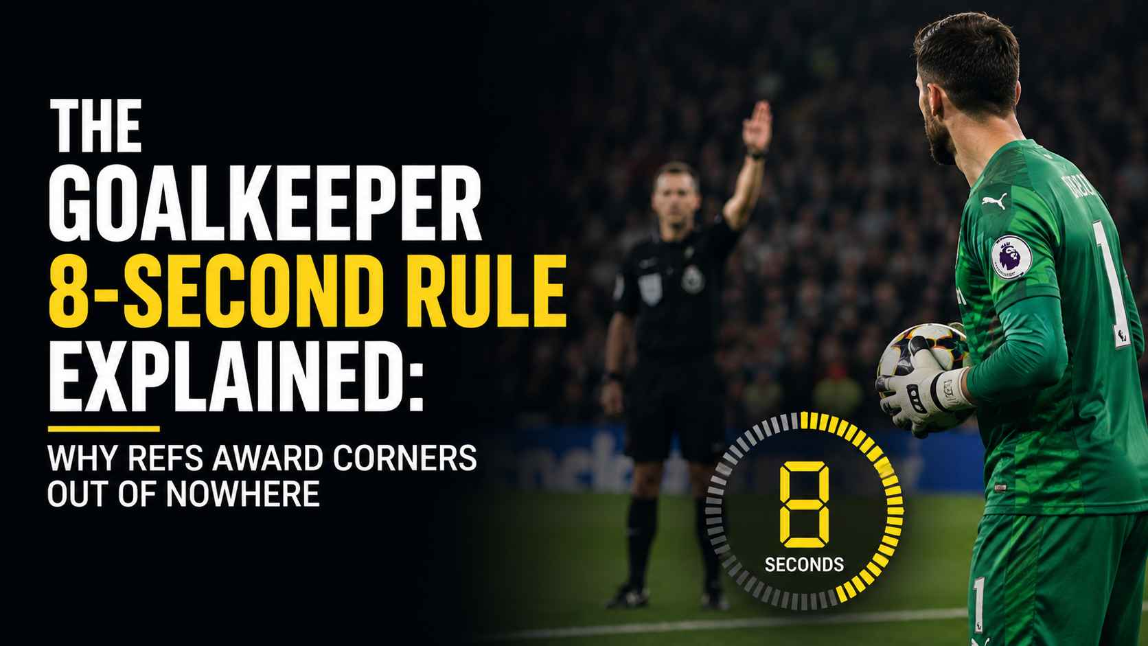 A referee counting down on their fingers while a goalkeeper holds the ball