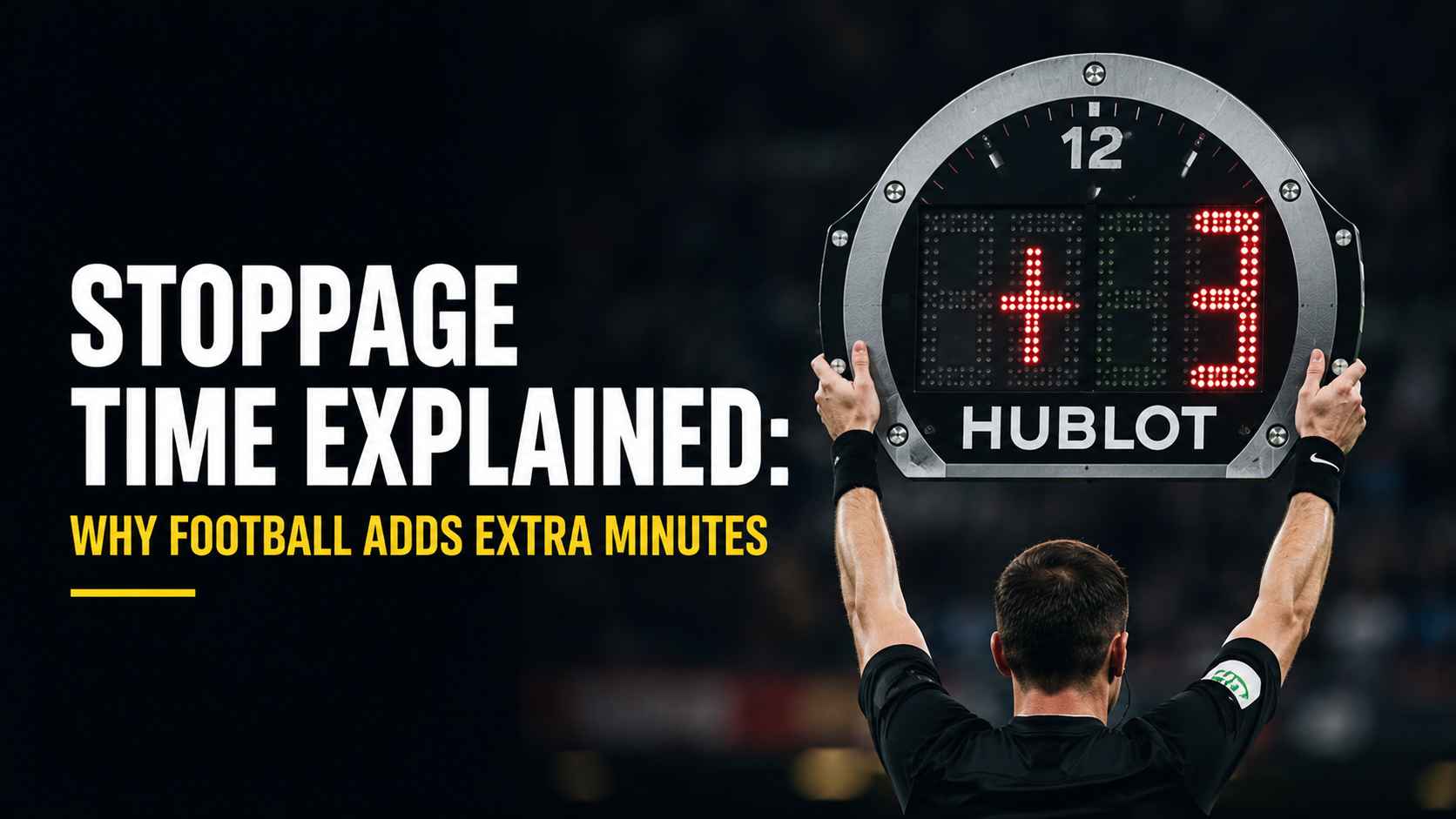A fourth official holding up an electronic board showing added minutes