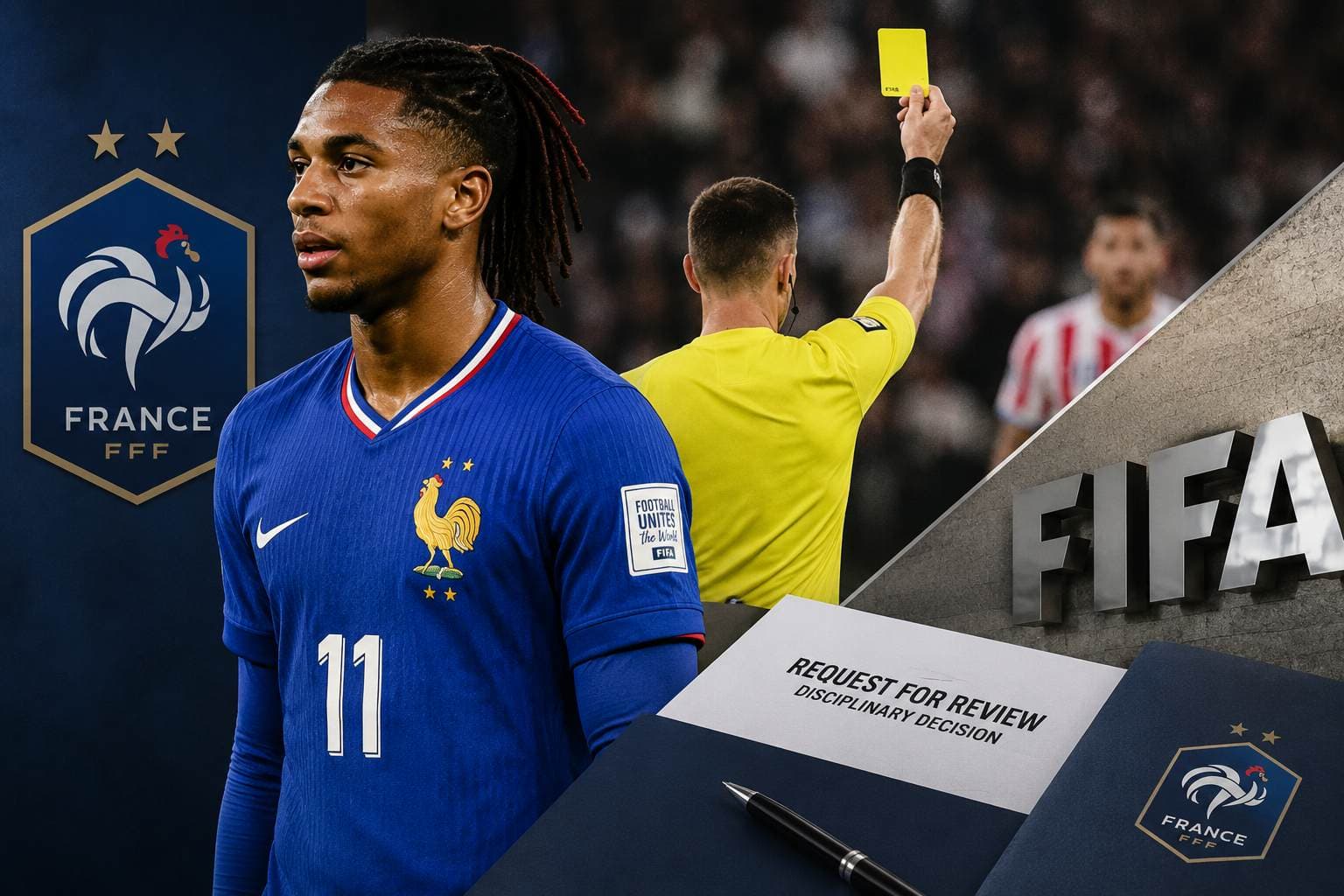 Michael Olise reacts after being shown a yellow card during France's round of 16 win over Paraguay